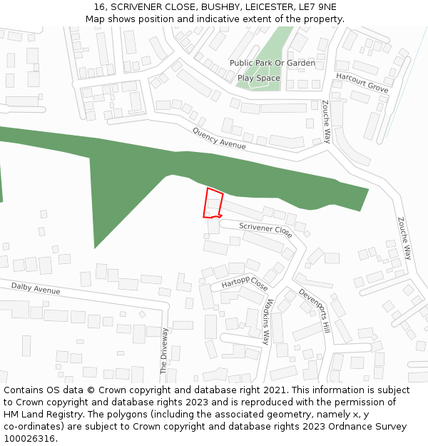 16, SCRIVENER CLOSE, BUSHBY, LEICESTER, LE7 9NE: Location map and indicative extent of plot