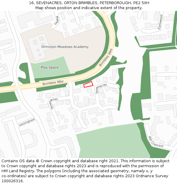 16, SEVENACRES, ORTON BRIMBLES, PETERBOROUGH, PE2 5XH: Location map and indicative extent of plot