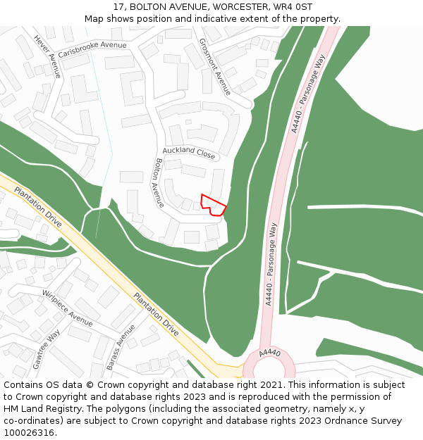 17, BOLTON AVENUE, WORCESTER, WR4 0ST: Location map and indicative extent of plot