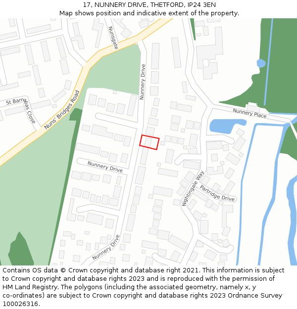 17, NUNNERY DRIVE, THETFORD, IP24 3EN: Location map and indicative extent of plot