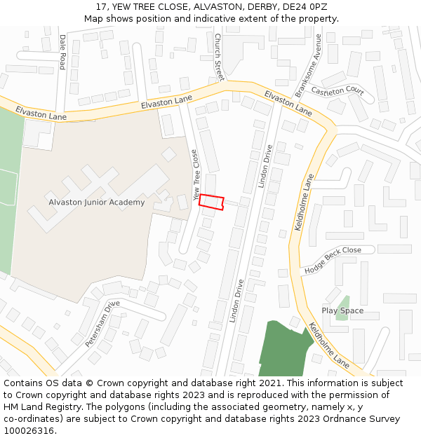 17, YEW TREE CLOSE, ALVASTON, DERBY, DE24 0PZ: Location map and indicative extent of plot