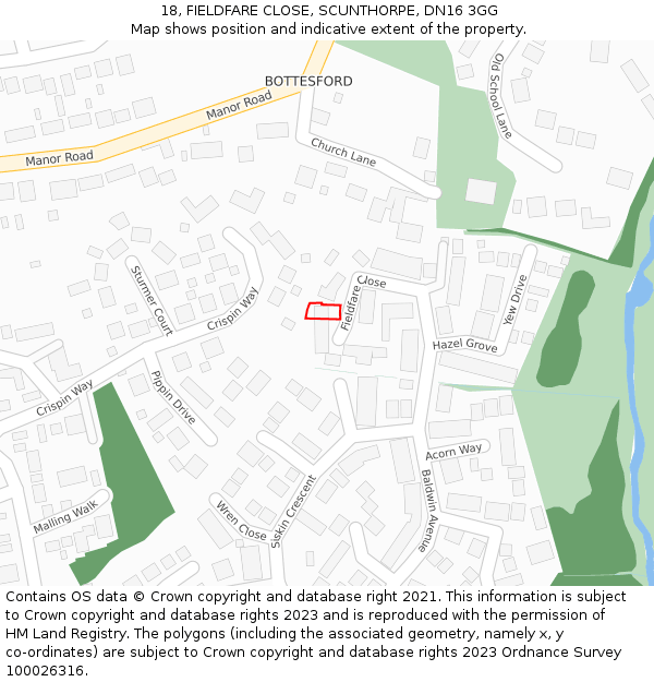 18, FIELDFARE CLOSE, SCUNTHORPE, DN16 3GG: Location map and indicative extent of plot