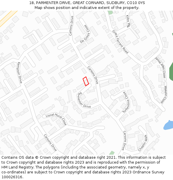 18, PARMENTER DRIVE, GREAT CORNARD, SUDBURY, CO10 0YS: Location map and indicative extent of plot