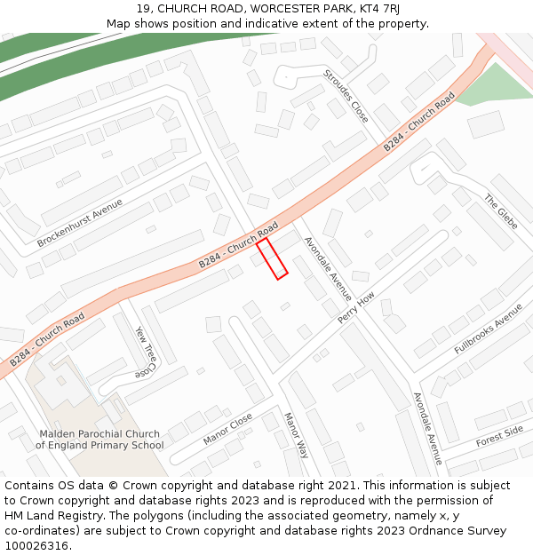 19, CHURCH ROAD, WORCESTER PARK, KT4 7RJ: Location map and indicative extent of plot