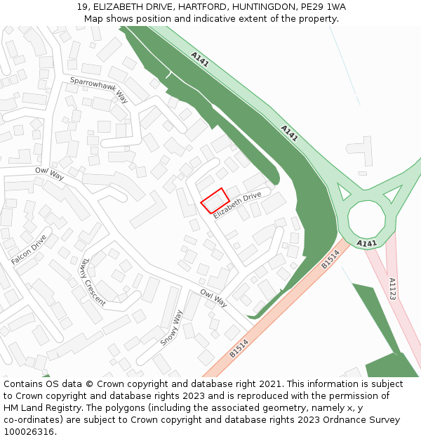 19, ELIZABETH DRIVE, HARTFORD, HUNTINGDON, PE29 1WA: Location map and indicative extent of plot