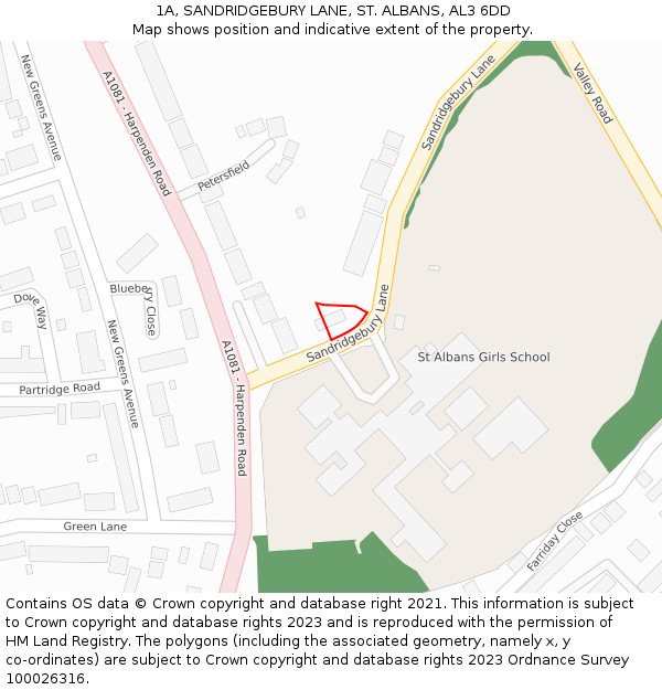 1A, SANDRIDGEBURY LANE, ST. ALBANS, AL3 6DD: Location map and indicative extent of plot