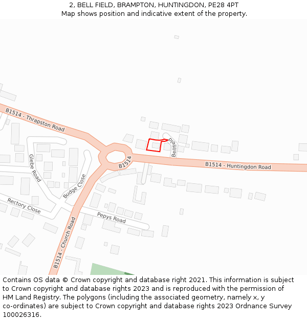 2, BELL FIELD, BRAMPTON, HUNTINGDON, PE28 4PT: Location map and indicative extent of plot
