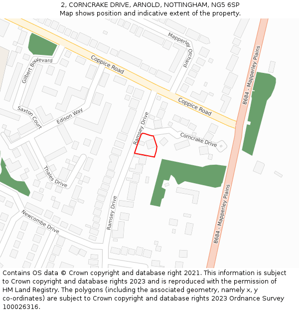 2, CORNCRAKE DRIVE, ARNOLD, NOTTINGHAM, NG5 6SP: Location map and indicative extent of plot