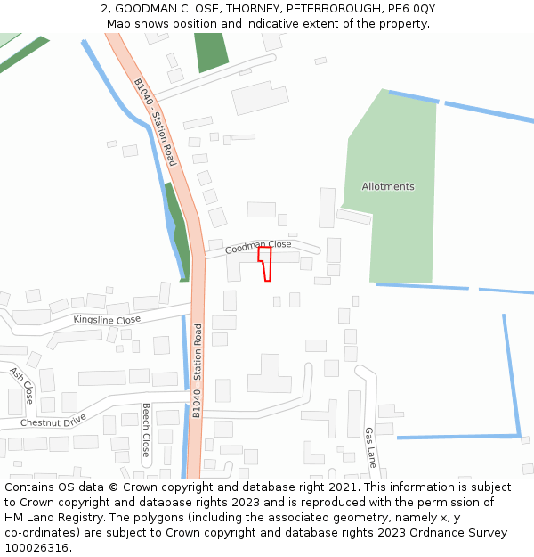 2, GOODMAN CLOSE, THORNEY, PETERBOROUGH, PE6 0QY: Location map and indicative extent of plot