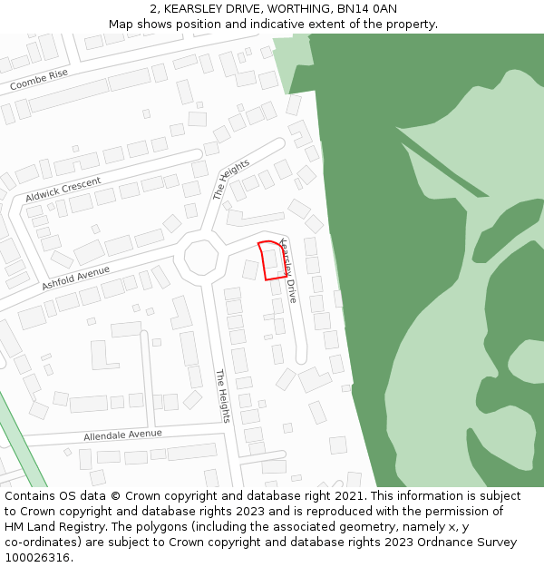 2, KEARSLEY DRIVE, WORTHING, BN14 0AN: Location map and indicative extent of plot