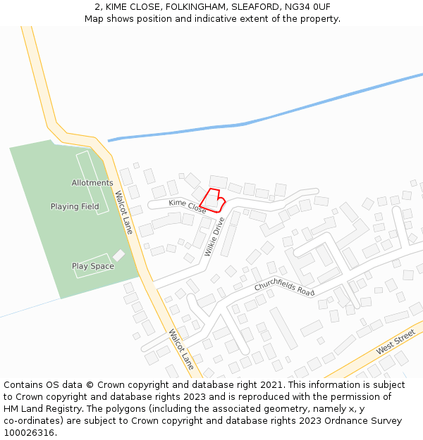 2, KIME CLOSE, FOLKINGHAM, SLEAFORD, NG34 0UF: Location map and indicative extent of plot