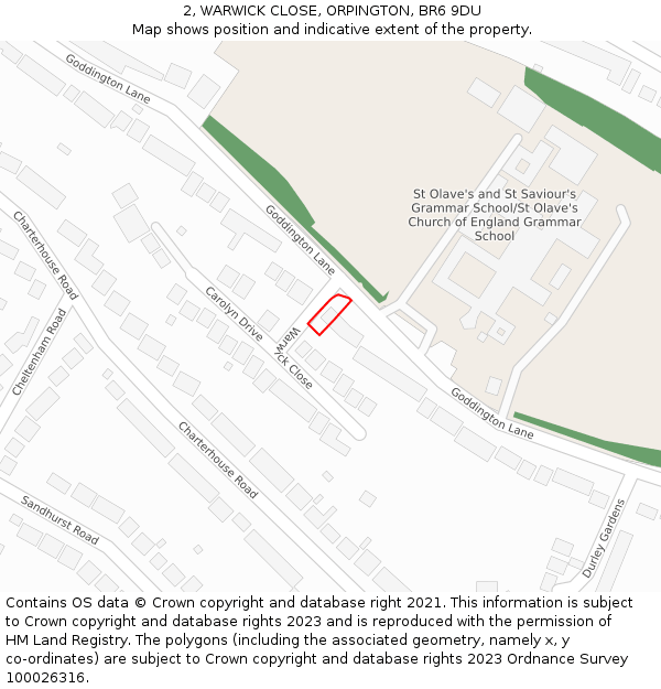 2, WARWICK CLOSE, ORPINGTON, BR6 9DU: Location map and indicative extent of plot