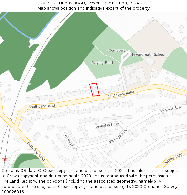 20, SOUTHPARK ROAD, TYWARDREATH, PAR, PL24 2PT: Location map and indicative extent of plot