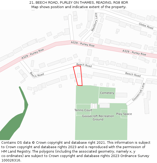 21, BEECH ROAD, PURLEY ON THAMES, READING, RG8 8DR: Location map and indicative extent of plot