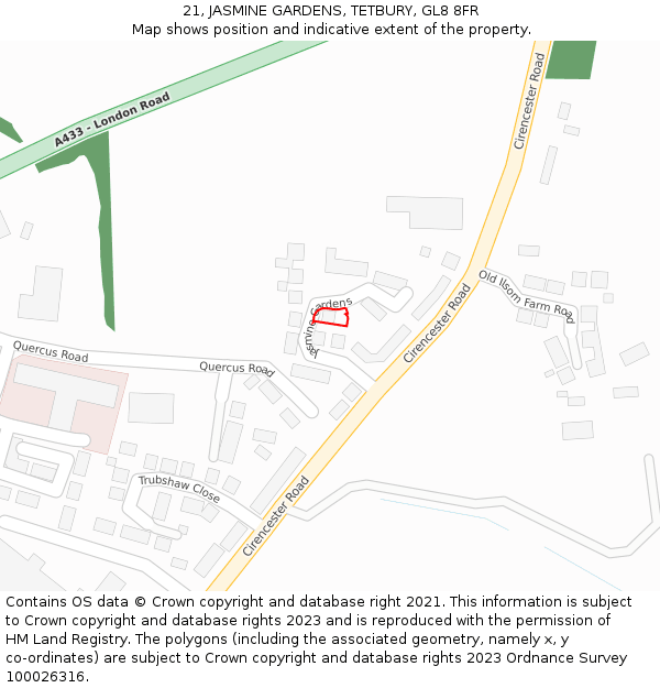 21, JASMINE GARDENS, TETBURY, GL8 8FR: Location map and indicative extent of plot