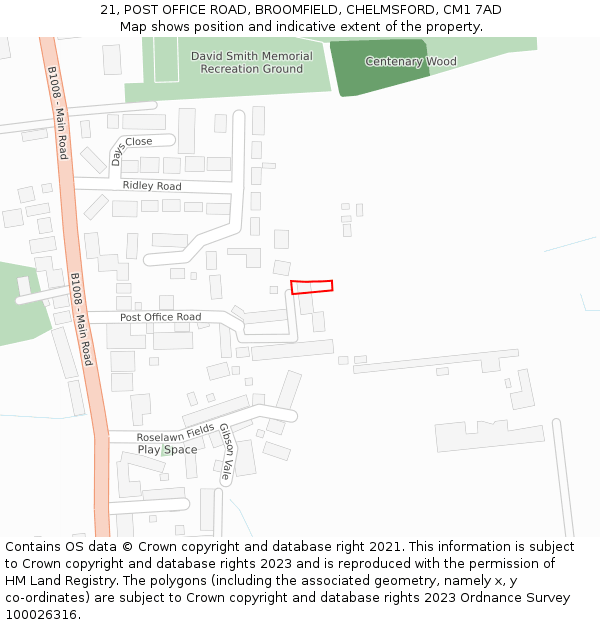 21, POST OFFICE ROAD, BROOMFIELD, CHELMSFORD, CM1 7AD: Location map and indicative extent of plot