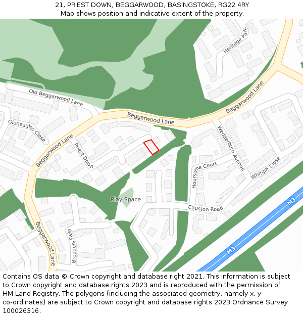 21, PRIEST DOWN, BEGGARWOOD, BASINGSTOKE, RG22 4RY: Location map and indicative extent of plot