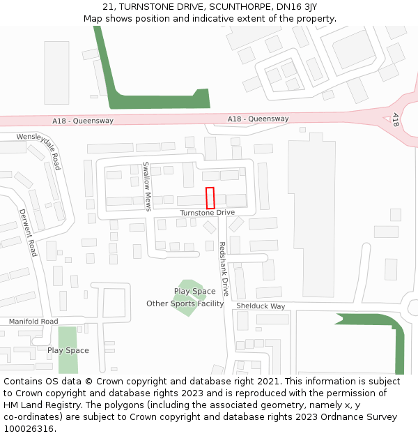 21, TURNSTONE DRIVE, SCUNTHORPE, DN16 3JY: Location map and indicative extent of plot