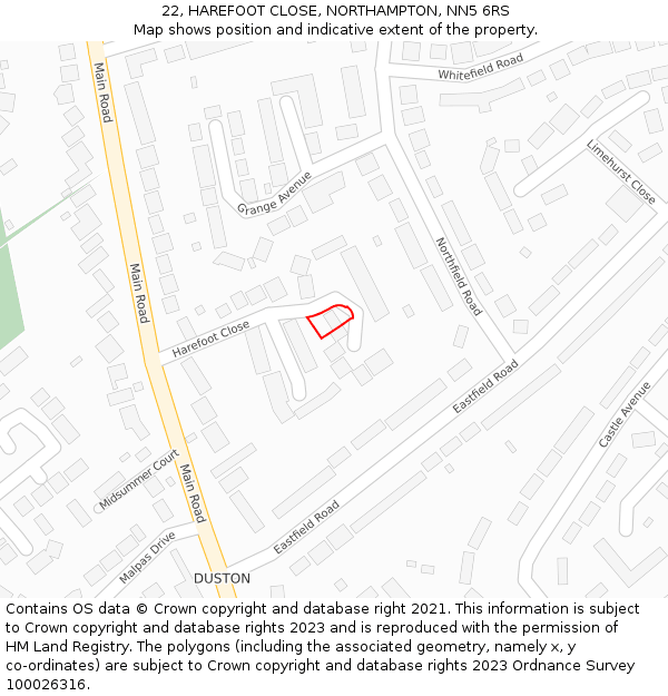 22, HAREFOOT CLOSE, NORTHAMPTON, NN5 6RS: Location map and indicative extent of plot