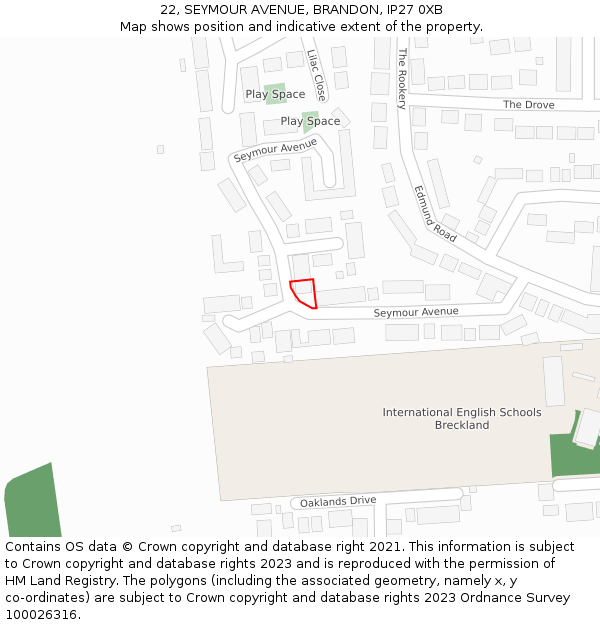 22, SEYMOUR AVENUE, BRANDON, IP27 0XB: Location map and indicative extent of plot