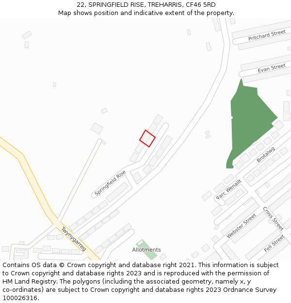 22, SPRINGFIELD RISE, TREHARRIS, CF46 5RD: Location map and indicative extent of plot