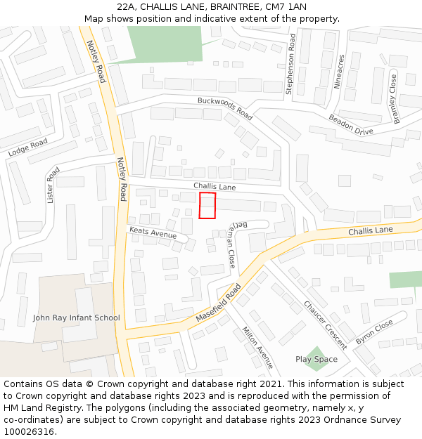 22A, CHALLIS LANE, BRAINTREE, CM7 1AN: Location map and indicative extent of plot