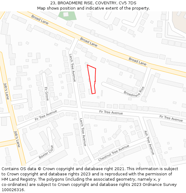 23, BROADMERE RISE, COVENTRY, CV5 7DS: Location map and indicative extent of plot