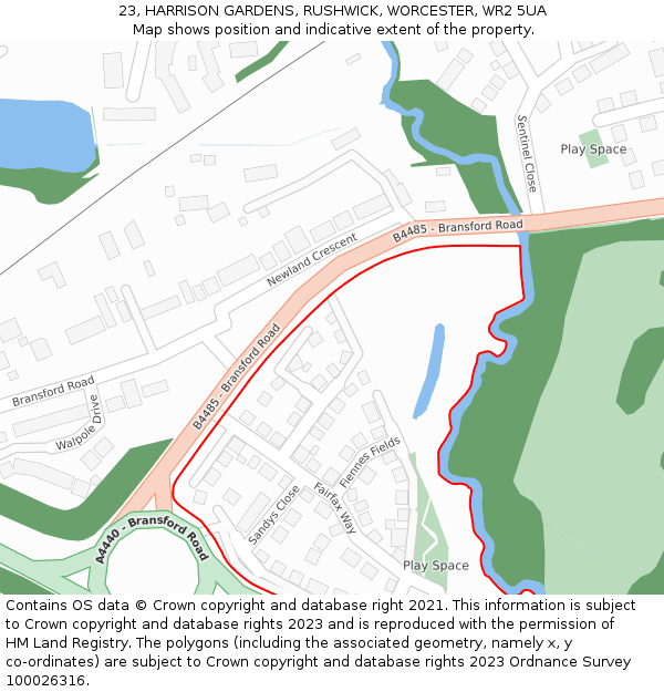 23, HARRISON GARDENS, RUSHWICK, WORCESTER, WR2 5UA: Location map and indicative extent of plot