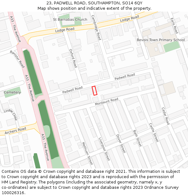 23, PADWELL ROAD, SOUTHAMPTON, SO14 6QY: Location map and indicative extent of plot
