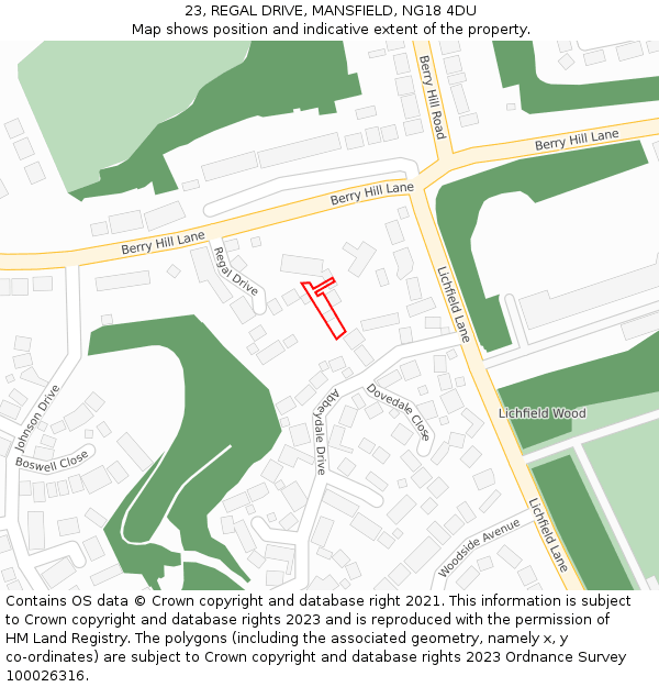 23, REGAL DRIVE, MANSFIELD, NG18 4DU: Location map and indicative extent of plot