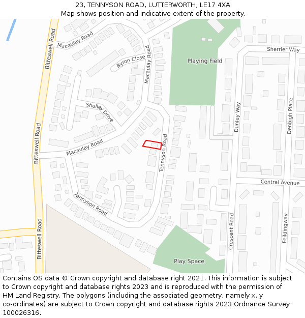 23, TENNYSON ROAD, LUTTERWORTH, LE17 4XA: Location map and indicative extent of plot