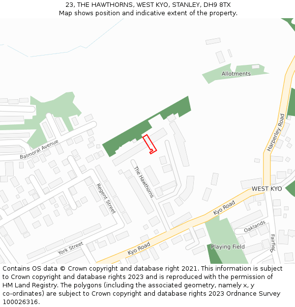 23, THE HAWTHORNS, WEST KYO, STANLEY, DH9 8TX: Location map and indicative extent of plot