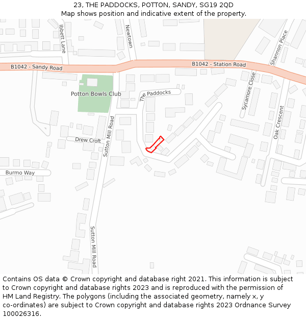 23, THE PADDOCKS, POTTON, SANDY, SG19 2QD: Location map and indicative extent of plot