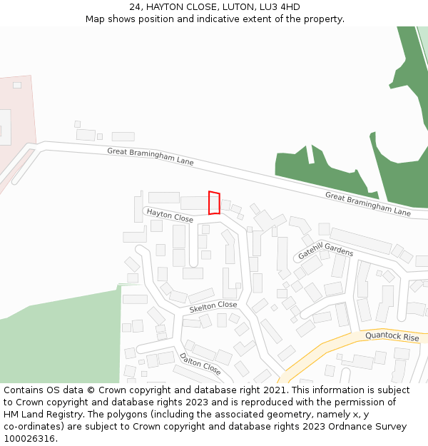 24, HAYTON CLOSE, LUTON, LU3 4HD: Location map and indicative extent of plot