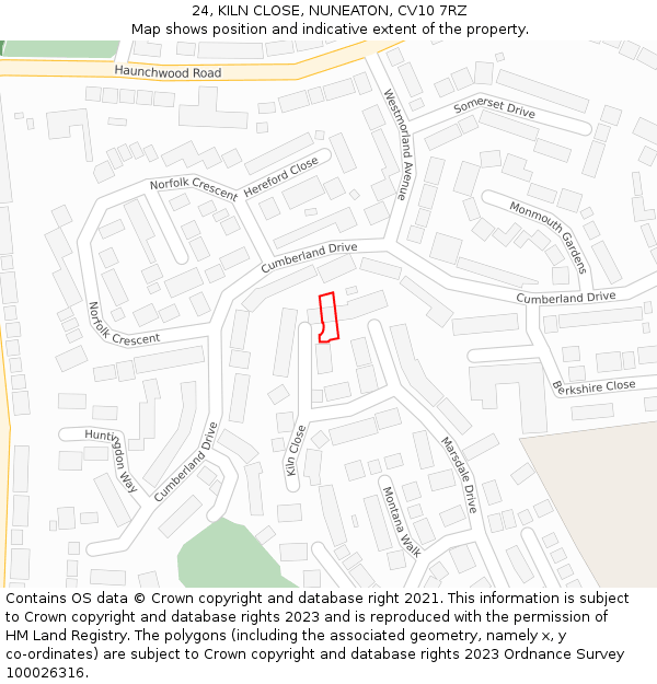 24, KILN CLOSE, NUNEATON, CV10 7RZ: Location map and indicative extent of plot