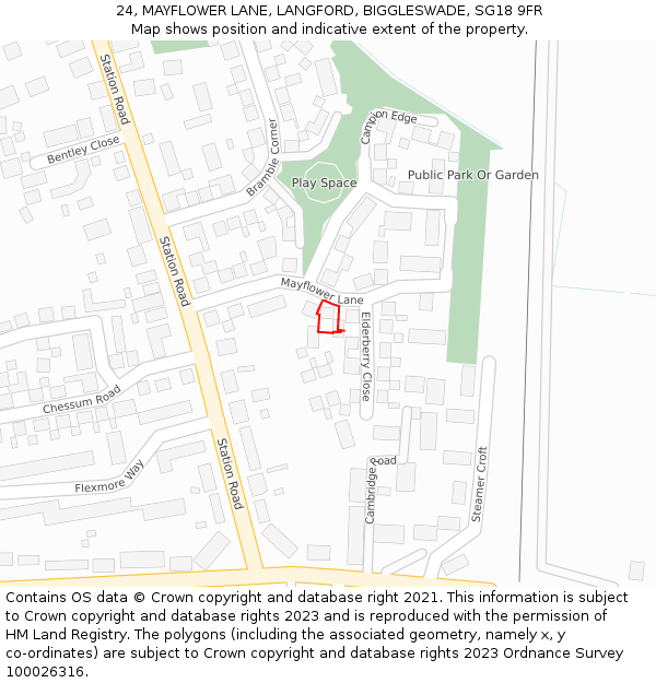 24, MAYFLOWER LANE, LANGFORD, BIGGLESWADE, SG18 9FR: Location map and indicative extent of plot