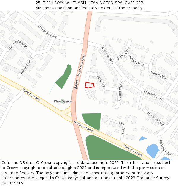 25, BIFFIN WAY, WHITNASH, LEAMINGTON SPA, CV31 2FB: Location map and indicative extent of plot