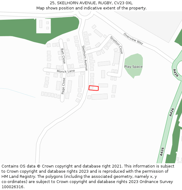 25, SKELHORN AVENUE, RUGBY, CV23 0XL: Location map and indicative extent of plot