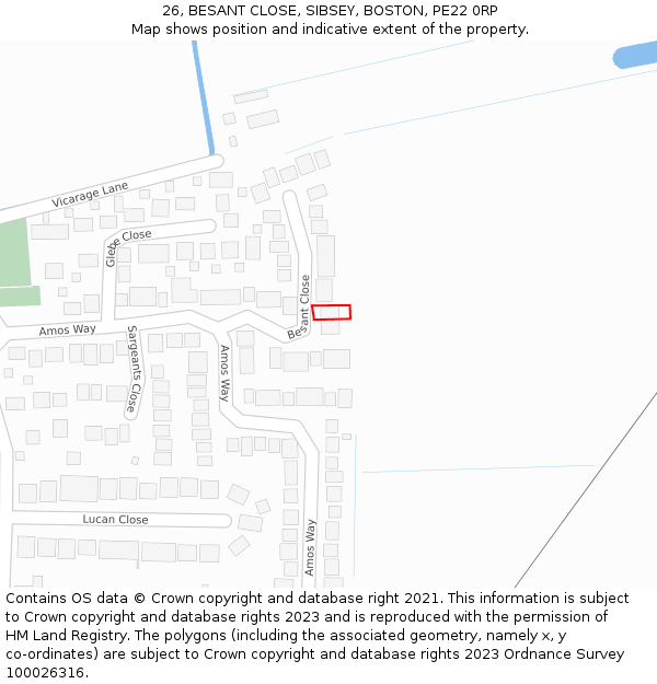 26, BESANT CLOSE, SIBSEY, BOSTON, PE22 0RP: Location map and indicative extent of plot