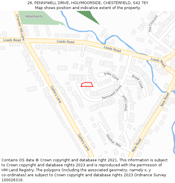 26, PENNYWELL DRIVE, HOLYMOORSIDE, CHESTERFIELD, S42 7EY: Location map and indicative extent of plot