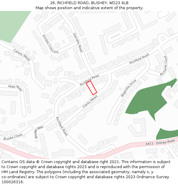 26, RICHFIELD ROAD, BUSHEY, WD23 4LB: Location map and indicative extent of plot