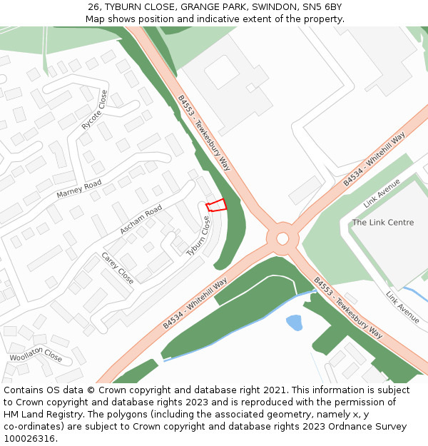 26, TYBURN CLOSE, GRANGE PARK, SWINDON, SN5 6BY: Location map and indicative extent of plot