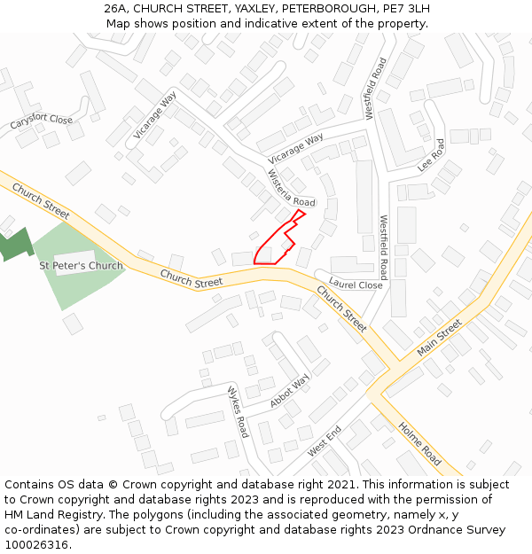 26A, CHURCH STREET, YAXLEY, PETERBOROUGH, PE7 3LH: Location map and indicative extent of plot