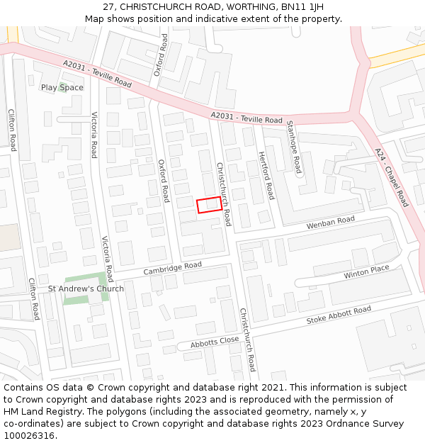 27, CHRISTCHURCH ROAD, WORTHING, BN11 1JH: Location map and indicative extent of plot