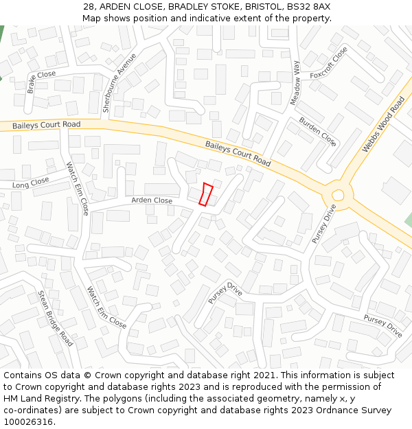 28, ARDEN CLOSE, BRADLEY STOKE, BRISTOL, BS32 8AX: Location map and indicative extent of plot
