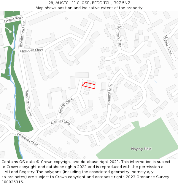 28, AUSTCLIFF CLOSE, REDDITCH, B97 5NZ: Location map and indicative extent of plot