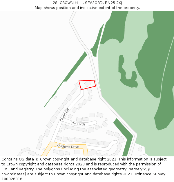 28, CROWN HILL, SEAFORD, BN25 2XJ: Location map and indicative extent of plot