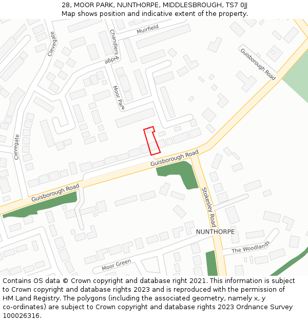 28, MOOR PARK, NUNTHORPE, MIDDLESBROUGH, TS7 0JJ: Location map and indicative extent of plot
