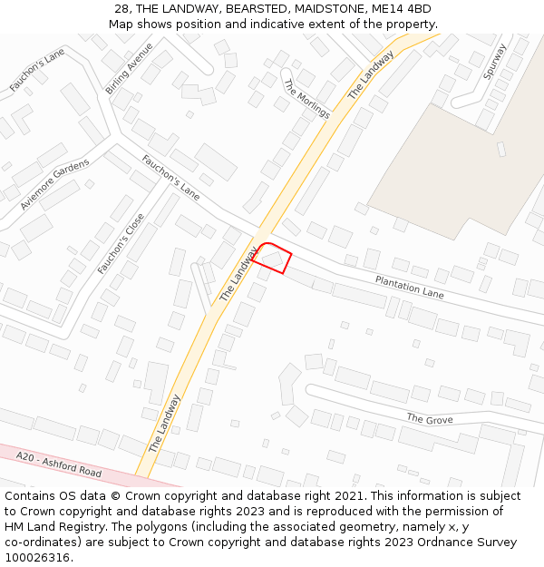28, THE LANDWAY, BEARSTED, MAIDSTONE, ME14 4BD: Location map and indicative extent of plot