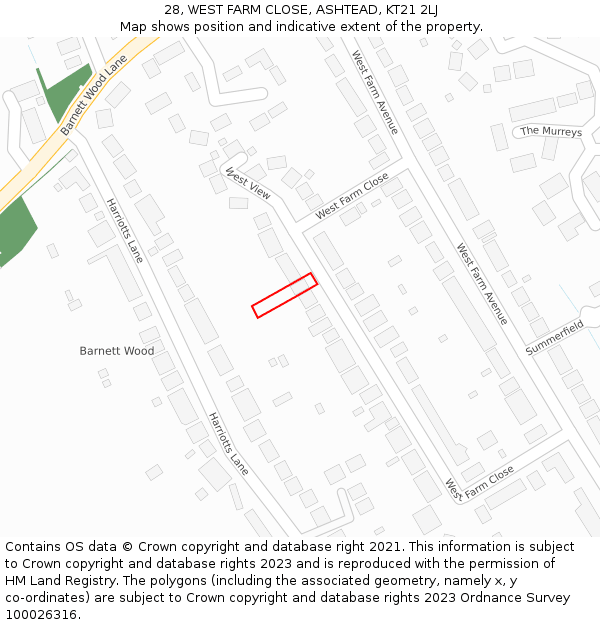 28, WEST FARM CLOSE, ASHTEAD, KT21 2LJ: Location map and indicative extent of plot